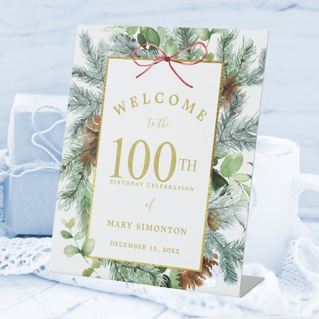 Winter Botanical 100th Birthday Party Welcome Pedestal Sign (Creator Uploaded)