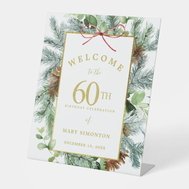 Winter Botanical 60th Birthday Party Welcome Pedestal Sign (Front)