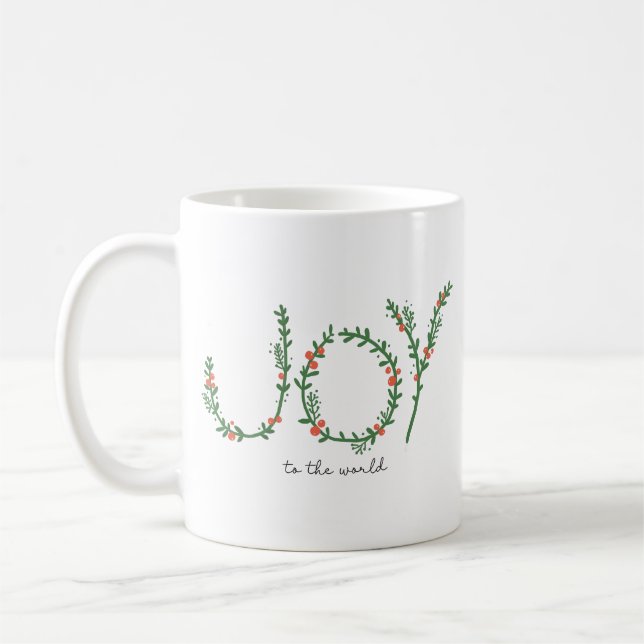Winter Botanical Adorned JOY Christmas Coffee Mug (Left)