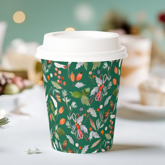 Winter Botanical Berries & Foliage Dark Green  Paper Cups (Creator Uploaded)