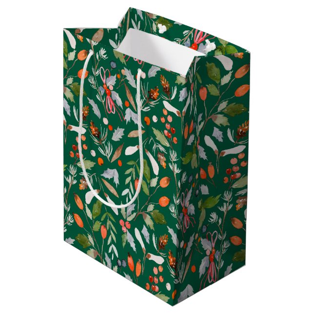 Winter Botanical Berries & Foliage Holiday Medium Gift Bag (Back Angled)