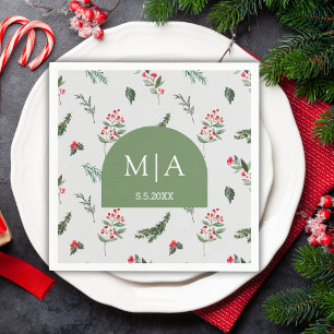 Winter Botanical Berry Green Arch Monogram Wedding Napkin