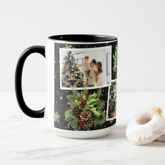 Winter Botanical Black Photo Collage Christmas Mug (With Donut)