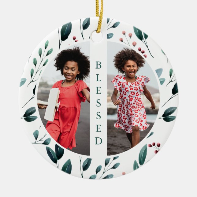 Winter Botanical Blessed Typography Two Photo  Ceramic Ornament (Front)