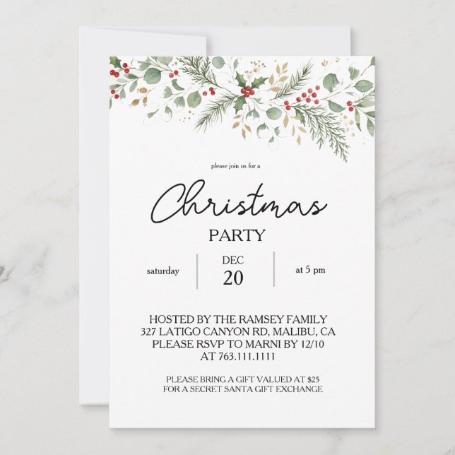 Winter Botanical Christmas Party Invitation (Front)