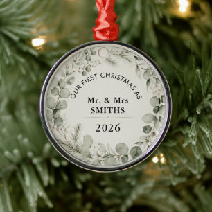 Winter Botanical Family Custom Text Christmas Metal Ornament