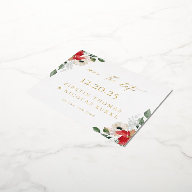 Winter Botanical Floral Save The Date Foil Invitation Postcard (Rotated)