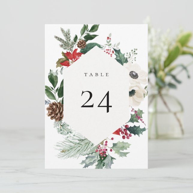 Winter Botanical Floral Table Number Card (Standing Front)