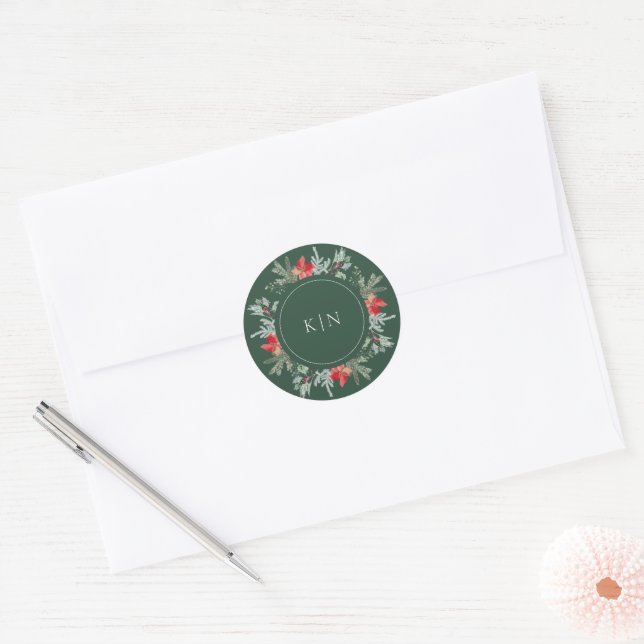 Winter Botanical Floral Wreath Monogram Classic Round Sticker (Envelope)