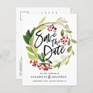 winter botanical foliage red green watercolor save announcement postcard