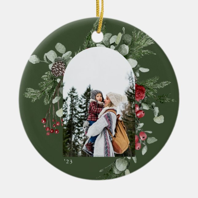 Winter Botanical Frame Green Photo Ceramic Ornament (Front)