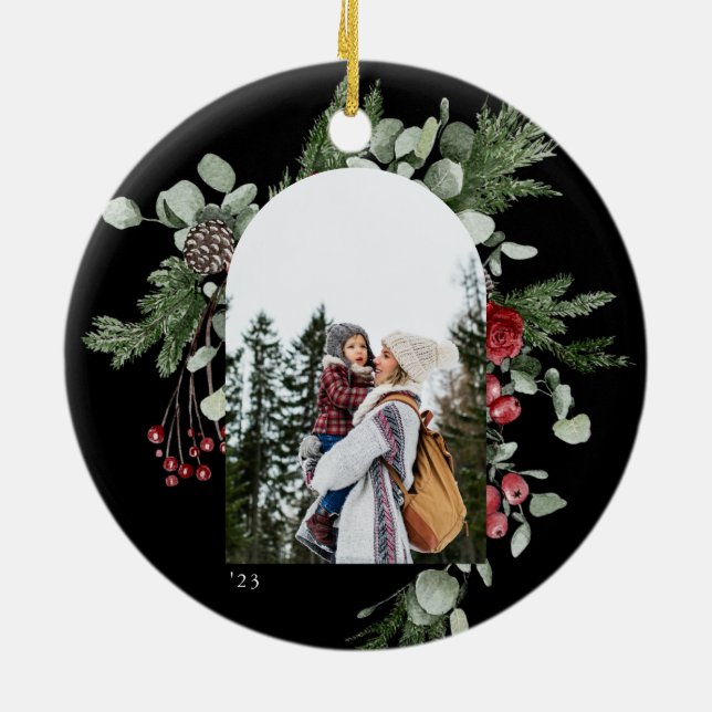 Winter Botanical Frame Photo Black Ceramic Ornament (Back)