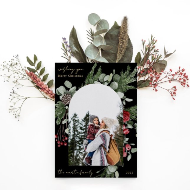 Winter Botanical Frame Two Photo Christmas Black Foil Holiday Card (Creator Uploaded)