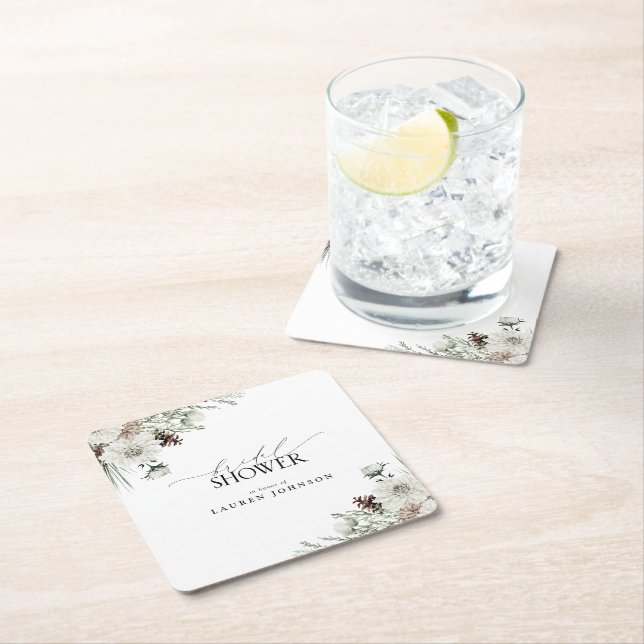 Winter Botanical Greenery Elegant Bridal Shower Square Paper Coaster (Insitu)