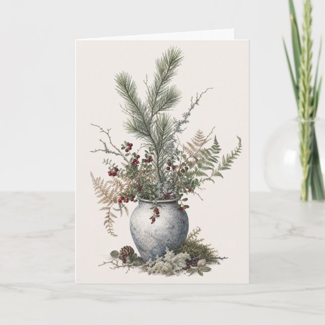 Winter Botanical Greeting Evergreen Pine Berry Card (Front)