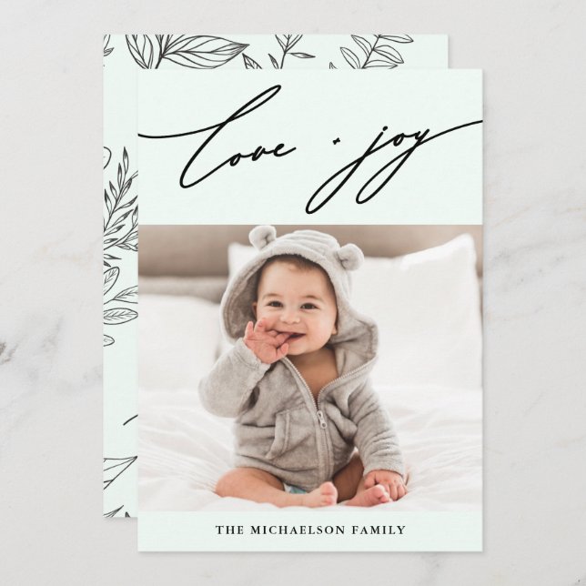 Winter Botanical Love and Joy Script Photo Holiday (Front/Back)