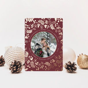 Winter Botanical Photo Rose Gold Foil Holiday Card