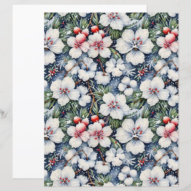 Winter Botanical Pine and Floral Pattern Paper (Front/Back)