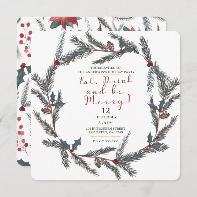 Winter Botanical Pine Berry Eat Drink Be Merry Invitation (Front/Back)