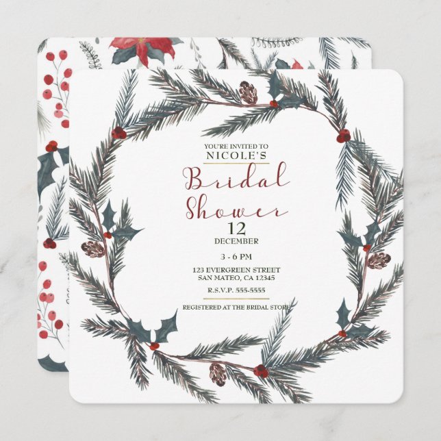 Winter Botanical Pine Berry Wreath Bridal Shower Invitation (Front/Back)