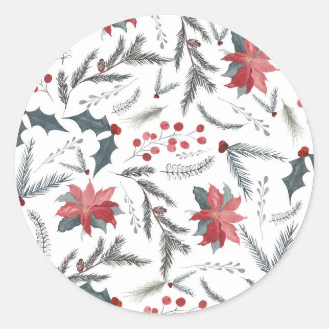 Winter Botanical Pine Berry Wreath Holiday Party Classic Round Sticker (Front)