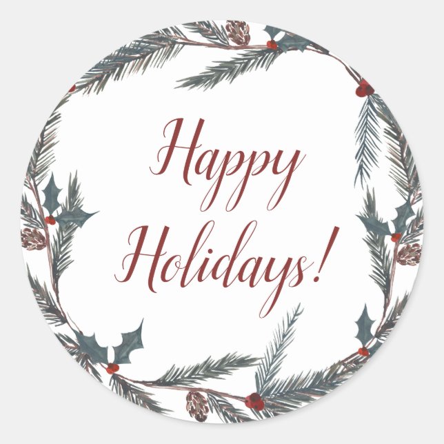 Winter Botanical Pine Berry Wreath Holiday Party Classic Round Sticker (Front)