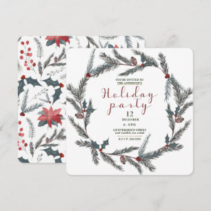 Winter Botanical Pine Berry Wreath Holiday Party Invitation