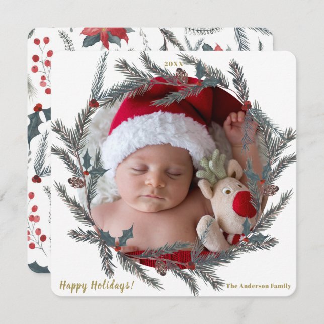 Winter Botanical Pine Berry Wreath Holiday Photo Invitation (Front/Back)
