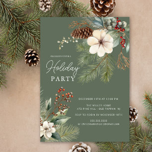 Winter Botanical Pine Branch Holiday Party Invitation