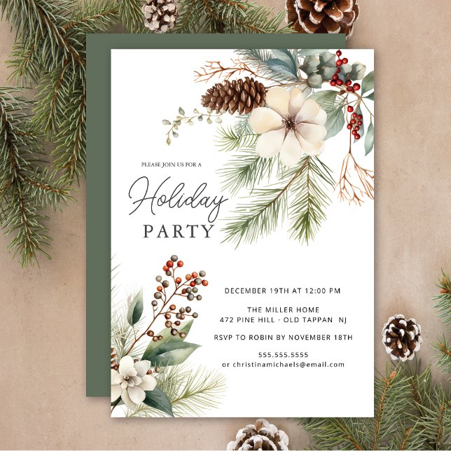 Winter Botanical Pine Branch Holiday Party Invitation (Creator Uploaded)