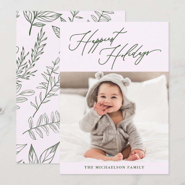 Winter Botanical Purple Happiest Holidays Photo Holiday Card (Front/Back)