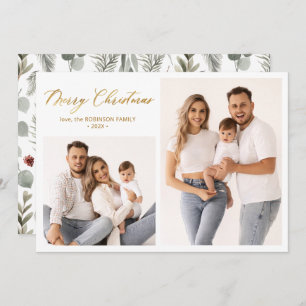 Winter Botanical Script 2 Photo Collage Christmas Holiday Card