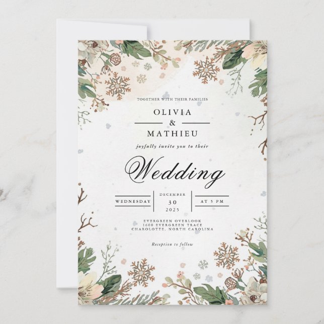 Winter Botanical Snowflakes Wedding Invitation (Front)