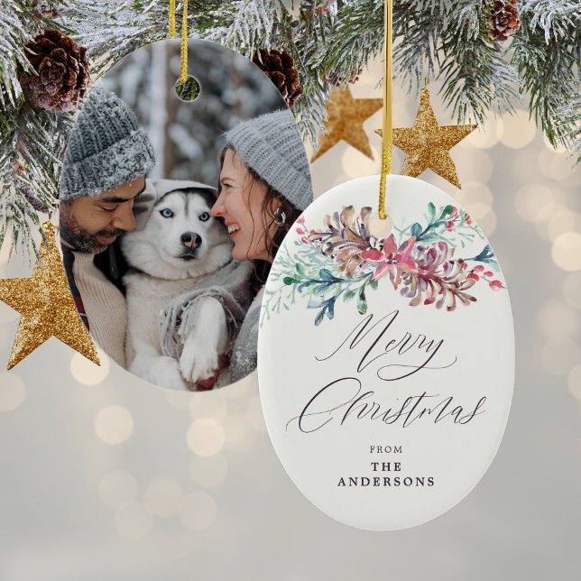 Winter Botanicals Beige Photo Merry Christmas Ceramic Ornament (Mockup View)