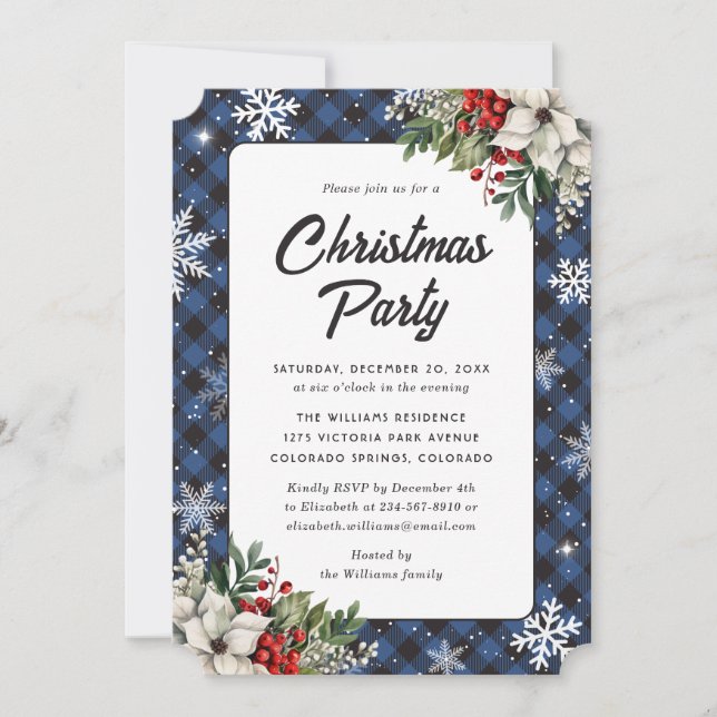 Winter Botanicals Blue Plaid Christmas Party Invitation (Front)