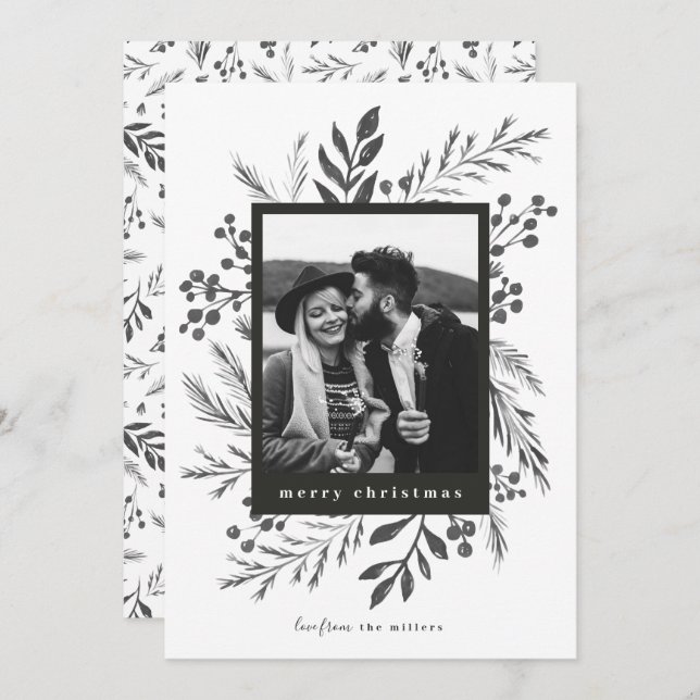 Winter Botanicals Christmas Photo Black and White Holiday Card (Front/Back)