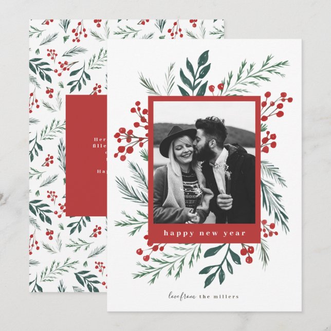 Winter Botanicals Christmas Photo Red New Year Holiday Card (Front/Back)