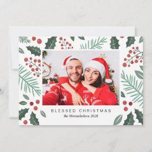 Winter Botanicals Merry Christmas Photo Red Holiday Card