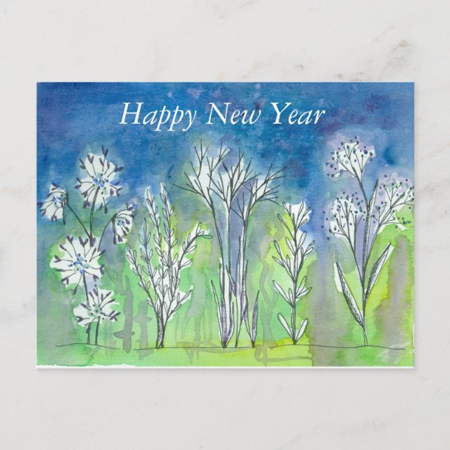 Winter Botanicals Plant Drawing Happy New Year Holiday Postcard (Front)