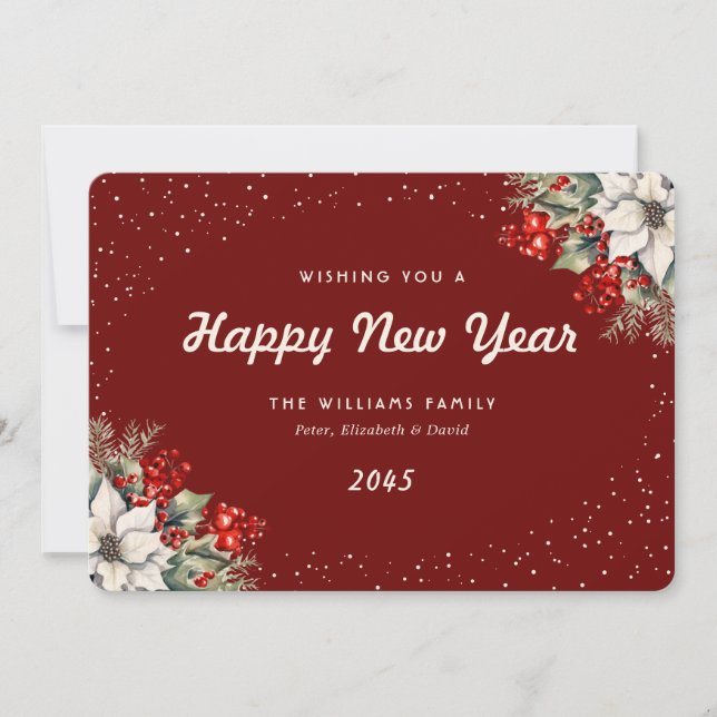 Winter Botanicals Snow Red New Year Card (Front)
