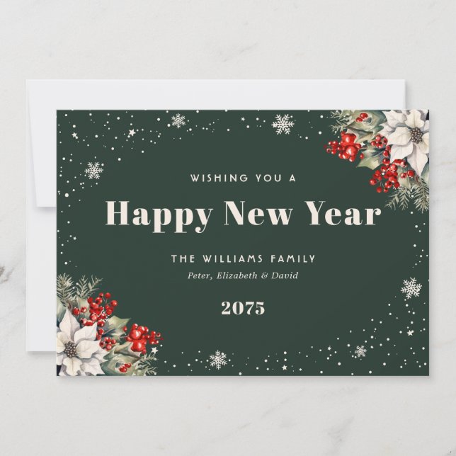 Winter Botanicals Snowflakes Green New Year Card (Front)