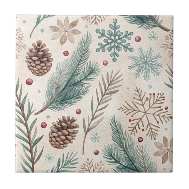 Winter Botanicals & Snowflakes - Rustic Holiday Ceramic Tile (Front)