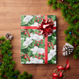 Winter Bouquet White Red Green Floral   Green Wrapping Paper