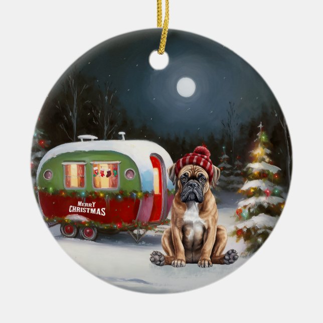 Winter Boxer Caravan Christmas Adventure Ceramic Ornament (Front)