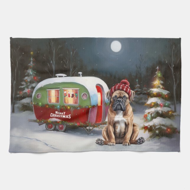 Winter Boxer Caravan Christmas Adventure Tea Towel (Horizontal)