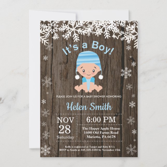 Winter Boy Baby Shower Snowflake Invitation (Front)