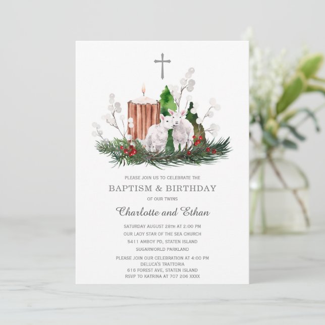 Winter Boy Girl Twins Baptism and Birthday Invitation (Standing Front)