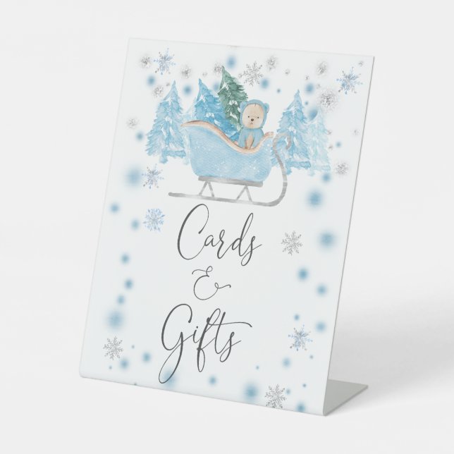 Winter Boy Woodland Bear Sleigh Cards And Gifts   Pedestal Sign (Front)