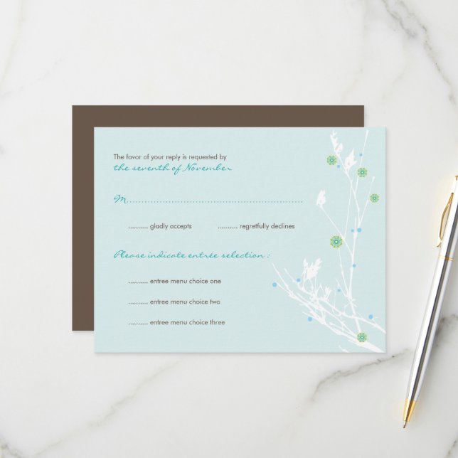 Winter Branch Snow Flower Simple Elegant Wedding RSVP Card (Front/Back In Situ)