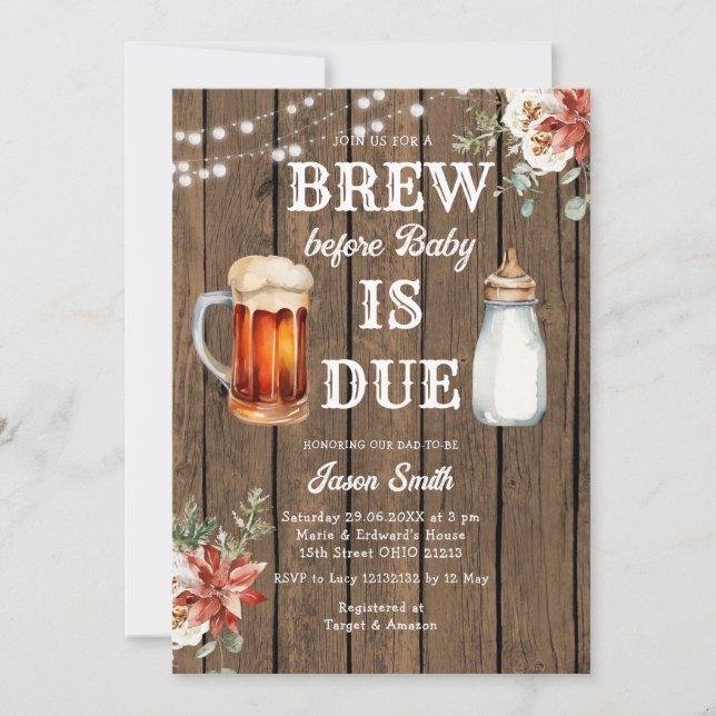 Winter Brew before Baby is Due Wood Baby Shower Invitation (Front)